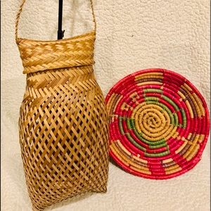 Boho Woven Basket Rattan Tray & Vintage Hanging Wicker Raffia Basket Bag SET